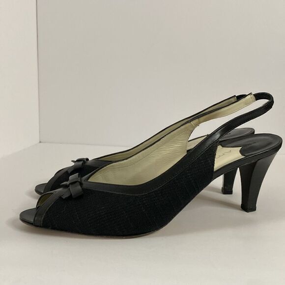 Vintage Amalfi peep toe sling back heels black textured fabric - Picture 4 of 12